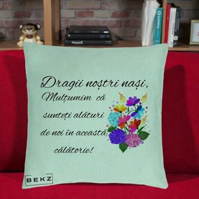 Cadou pentru Nasi - Perna Personalizata Dragii Nostri Nasi Multumim cu Flori Multicolore, 40x40 cm, Verde Menta, Husa Detasabila, Perna Inclusa, BEKZ®