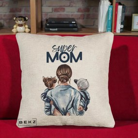 Cadou pentru Mama - Perna Personalizata Super Mom, 40x40 cm, Bej Canapea, Husa Detasabila, Perna Inclusa, BEKZ®