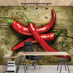 Fototapet - Chili ardei pe scănduri (254x184 cm)