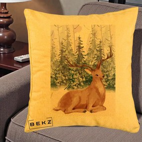Perna Decorativa Ren in Padure Roz Moale, 40x40 cm, Galben, Husa Detasabila, Perna Inclusa, BEKZ®
