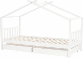 Pat ELISIA 90x200, alb, lemn cu somiera si 2 sertare pentru depozitare