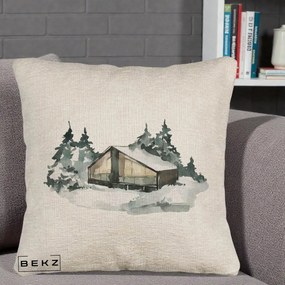 Perna Decorativa Cabana de Iarna in Padure, 40x40 cm, Bej Canapea, Husa Detasabila, Perna Inclusa, BEKZ®