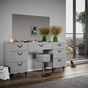 Masuta machiaj cu Oglinda LED si 7 Sertare pentru Cosmetice, Set Masa toaleta 150 cm, Gri, masuta cosmetica, vanity - SEG213