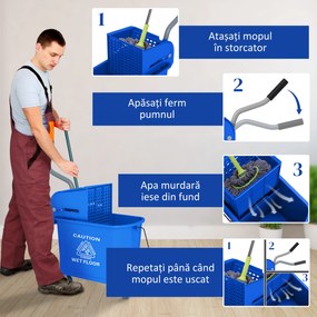 HOMCOM Cărucior Profesional pentru Curățenie cu Găleată pentru Mop de 20L, 60x27x70,5 cm, Albastru | Aosom Romania