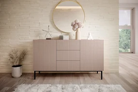 Comodă Nicole 150 cm cu trei sertare - MDF roz antichizat / picioare negre