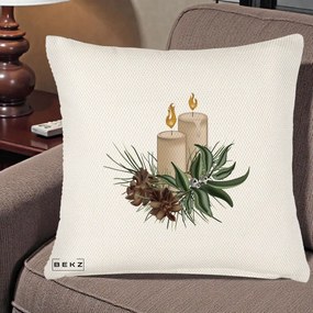 Perna Decorativa Lumanari cu Ilex si Conuri Ilustratie, 40x40 cm, Crem Reliefat, Husa Detasabila, Perna Inclusa, BEKZ®