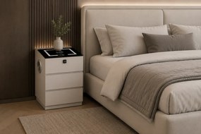 RESIGILAT- Noptieră inteligentă multifuncțională, 3 sertare, blocare cu amprentă, LED-uri tactile, 3 tipuri de culoare, încărcare fără fir, Difuzor Bluetooth, incarcare USB, sticla securizata, Alb