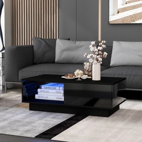 Măsuță de cafea modernă din lac lăcuit lucios cu lumină LED, 95×55×32 cm, Negru