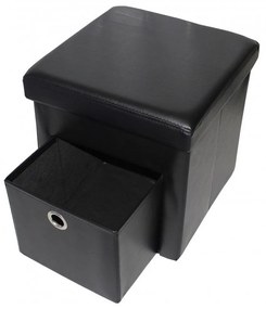 Taburet cu cutie de depozitare si sertar HouseXL™ 6100, Dimensiuni 38X38X38cm, Max 150 kg, Capac moale din piele ecologica, Negru