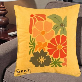 Perna Decorativa Flori Grafice Roz-Rosu-Albastru, 40x40 cm, Galben, Husa Detasabila, Perna Inclusa, BEKZ®