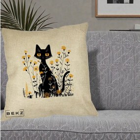 Perna Decorativa Pisica Neagra Ochi Galbeni Flori Galbene, 40x40 cm, Crem, Husa Detasabila, Perna Inclusa, BEKZ®