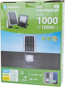 Aigostar-LED Proiector LED solar/100W/3,2V 2000mAh 3000K/4000K/6500K IP66 + telecomandă