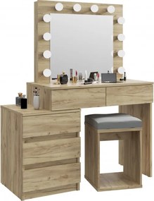 Masuta machiaj cu Oglinda LED si 5 Sertare pentru Cosmetice, Set Masa toaleta 112 cm, Stejar, masuta cosmetica, vanity - SEM510