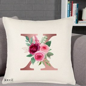 Cadou Personalizat - Perna Personalizata Monograma Rose Gold Litera X, 40x40 cm, Crem Reliefat, Husa Detasabila, Perna Inclusa, BEKZ®