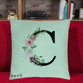 Cadou Personalizat - Perna Personalizata Monograma Florala Litera C, 40x40 cm, Verde Menta, Husa Detasabila, Perna Inclusa, BEKZ®