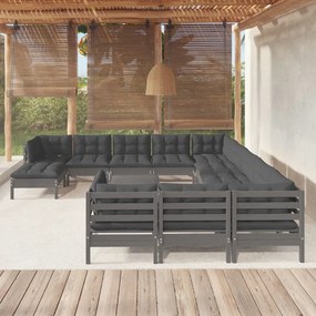 3097075 vidaXL Set mobilier de grădină cu perne, 13 piese, gri, lemn de pin