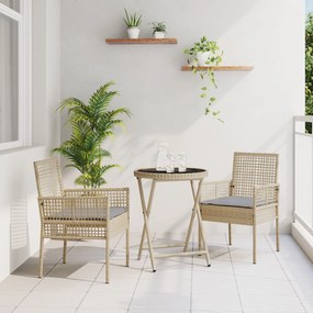 vidaXL Set bistro de grădină, 3 piese, cu perne, bej, poliratan
