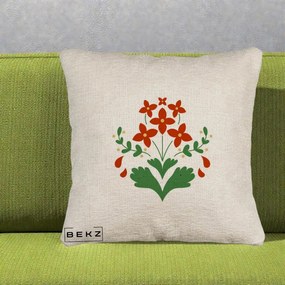 Perna Decorativa Buchet Floral Folk Rosu-Verde, 40x40 cm, Bej Canapea, Husa Detasabila, Perna Inclusa, BEKZ®