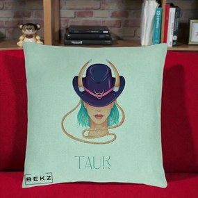 Perna Personalizata Zodie Taur, 40x40 cm, Verde Menta, Husa Detasabila, Perna Inclusa, BEKZ®