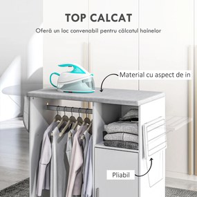 HOMCOM Dulap Multifuncțional cu Masă de Călcat | Blat din Tesatura Efect In | 3 Rafturi | Ghidaj pentru Agățat | 127x42.5x99 cm | Alb | Aosom Romania