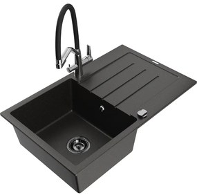 Mexen Bruno chiuvetă de granit cu un compartiment, cu picurător și baterie de bucătărie Duo, Neagră/Auriu metalic - 6513-75-6717