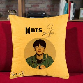 Perna Personalizata K-pop BTS Jimin Portret Cerc Autograf Geaca, 40x40 cm, Galben, Husa Detasabila, Perna Inclusa, BEKZ®