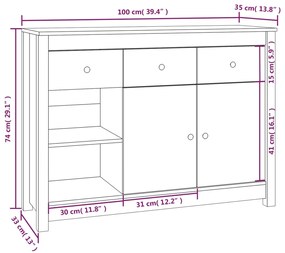 Servanta, gri, 100x35x74 cm, lemn masiv de pin Gri, 1