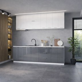 Bucatarie Love MDF lucios, 260 cm, Alb/Gri