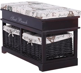 Bancă cu pernă, 2 coşuri de răchită, maro închis/bej/imprimeu, SEAT BENCH 3