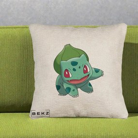 Perna Personalizata Bulbasaur Pokemon, 40x40 cm, Bej Canapea, Husa Detasabila, Perna Inclusa, BEKZ®