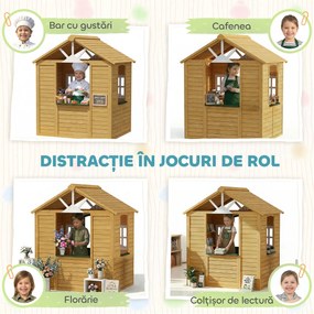 AIYAPLAY Căsuță de Grădină pentru Copii din Lemn de Molid, Căsuță de Exterior cu 3 Ferestre, 2 Jardiniere, Ușă și Acoperiș, pentru Copii 3-8 Ani, Interior și Exterior, 134.5x97x150 cm, Maro | Aosom Romania