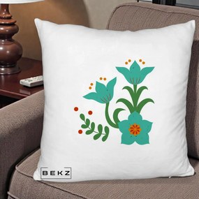Perna Decorativa Flori Stilizate Folk Turcoaz, 40x40 cm, Alb Pufos, Husa Detasabila, Perna Inclusa, BEKZ®