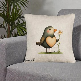 Perna Decorativa Pasare cu Inima si Margareta, 40x40 cm, Bej Canapea, Husa Detasabila, Perna Inclusa, BEKZ®