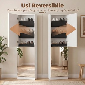 HOMCOM Dulap pentru Pantofi cu Oglindă, Uși Reversibile cu 5 Rafturi din Material Textil, 50 x 20 x 180 cm, Alb | Aosom Romania
