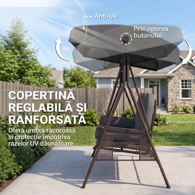 Outsunny Leagăn de Grădină pentru 3 Persoane, Bancă Balansoar cu Copertină Reglabilă și Perne, 120x208x172 cm, Gri | Aosom Romania