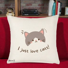 Perna Personalizata I Just Love Cats Pisica Kawaii, 40x40 cm, Crem Reliefat, Husa Detasabila, Perna Inclusa, BEKZ®