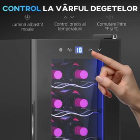 HOMCOM Frigider Termoelectric Dublu pentru 12 Sticle de Vin cu Ușă de Sticlă și Lumină LED, 26,5x51,5x65 cm, Negru | Aosom Romania