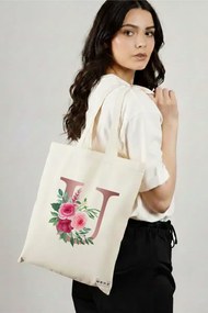 Sacosa de Panza pentru Cumparaturi, Geanta Tote, Cu litera U Rose Gold si Trandafiri, 38x34.5 cm, Alba, BEKZ®