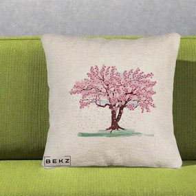 Perna Decorativa Cires Inflorit Acuarela, 40x40 cm, Bej Canapea, Husa Detasabila, Perna Inclusa, BEKZ®