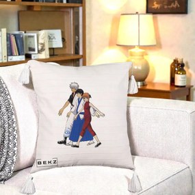 Perna Personalizata Gintama Trio Gintoki Shinpachi Kagura, 40x40 cm, Bej cu Franjuri, Husa Detasabila, Perna Inclusa, BEKZ®