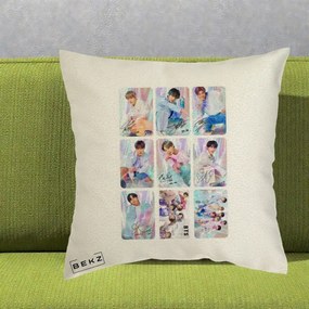 Perna Personalizata K-pop BTS Colaj 9 Fotografii Autografe Individual, 40x40 cm, Ecru, Husa Detasabila, Perna Inclusa, BEKZ®