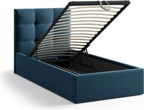 Pat albastru tapițat cu spațiu de depozitare cu somieră 90x200 cm Phaedra – Micadoni