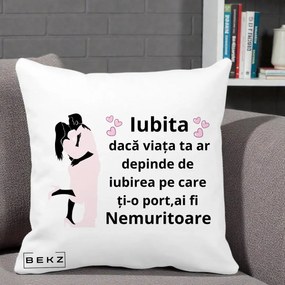 Cadou pentru Iubita - Perna Personalizata Iubita Nemuritoare cu Siluete de Cuplu, 40x40 cm, Alba Mata, Husa Detasabila, Perna Inclusa, BEKZ®