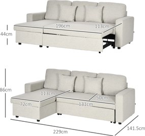 HOMCOM Canapea Extensibilă de Colț în Formă de L, Cu Șezlong Convertibil și Spațiu de Depozitare, Tapițerie Crem cu Efect de In, Perne Incluse | Aosom Romania