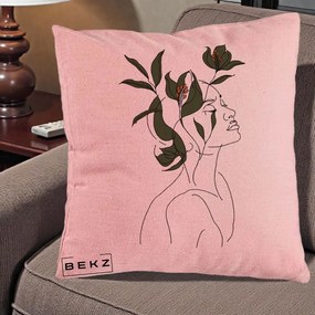 Perna Decorativa Portret Feminin Crin Verde, 40x40 cm, Roz, Husa Detasabila, Perna Inclusa, BEKZ®