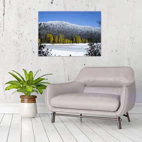 Tablou pe sticlă - munții înzăpeziți iarna (70x50 cm)