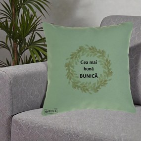Cadou pentru Bunica - Perna Personalizata Cea Mai Buna Bunica Coronita Frunze Acuarela, 40x40 cm, Verde, Husa Detasabila, Perna Inclusa, BEKZ®