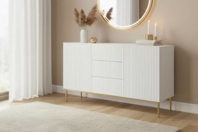 Comodă Nicole 150 cm cu trei sertare - alb mat / picioare aurii