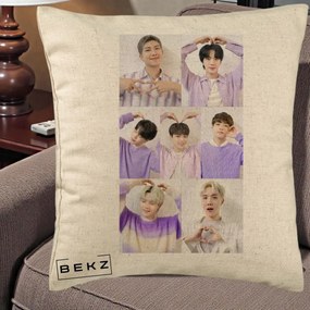Perna Personalizata K-pop BTS Colaj 7 Portrete cu Inimi Lila, 40x40 cm, Bej, Husa Detasabila, Perna Inclusa, BEKZ®