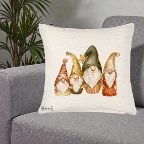 Perna Decorativa Gnomi de Craciun Patru, 40x40 cm, Crem Reliefat, Husa Detasabila, Perna Inclusa, BEKZ®